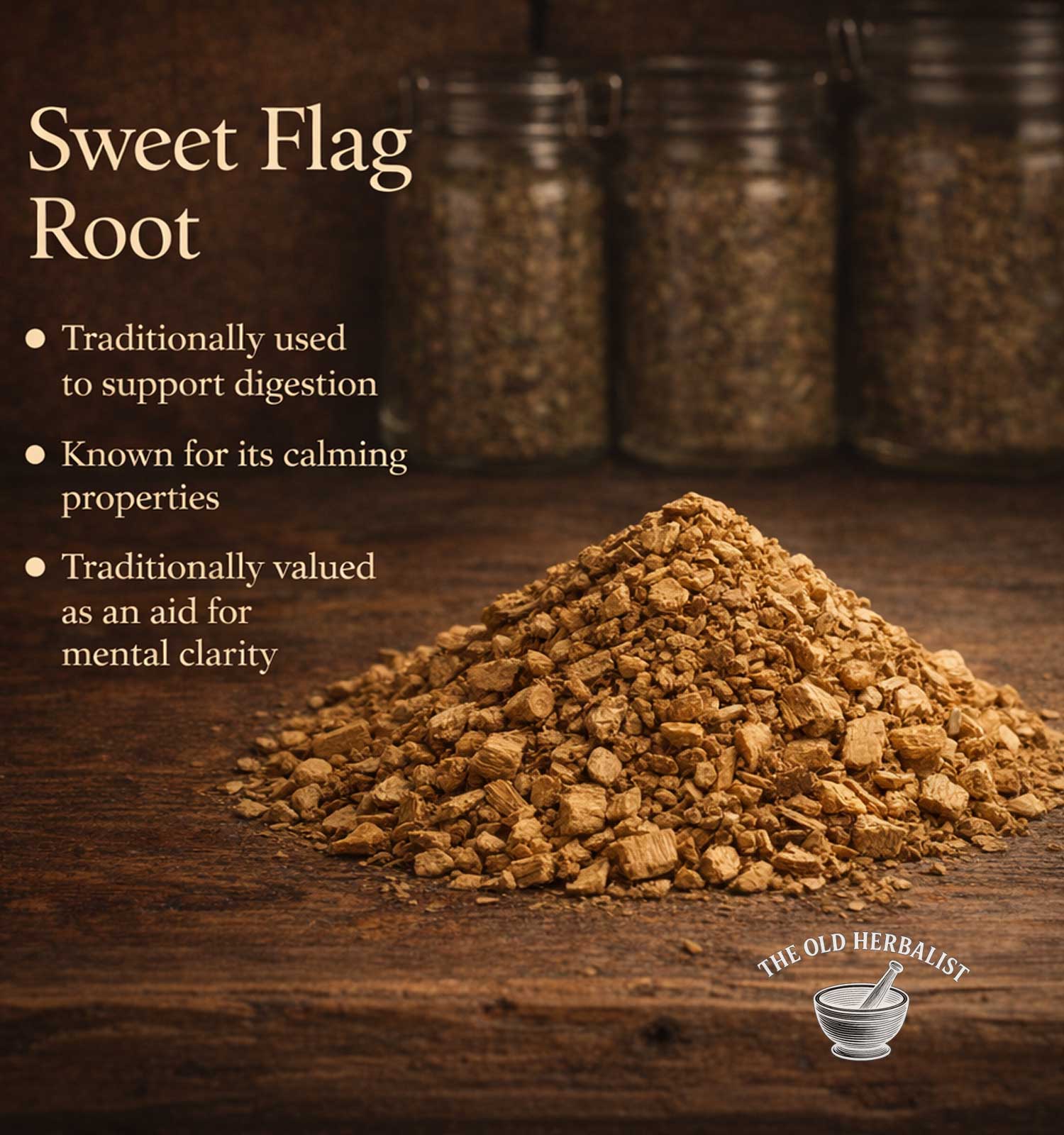 Sweet flag root on a wooden surface with text about its uses and The Old Herbalist branding.
