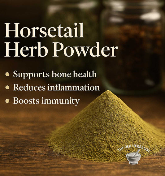 Horsetail herb powder with benefits listed on a wooden surface, branded 'The Old Herbalist'.