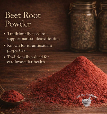 Beet root powder with text on a wooden background, featuring The Old Herbalist logo.