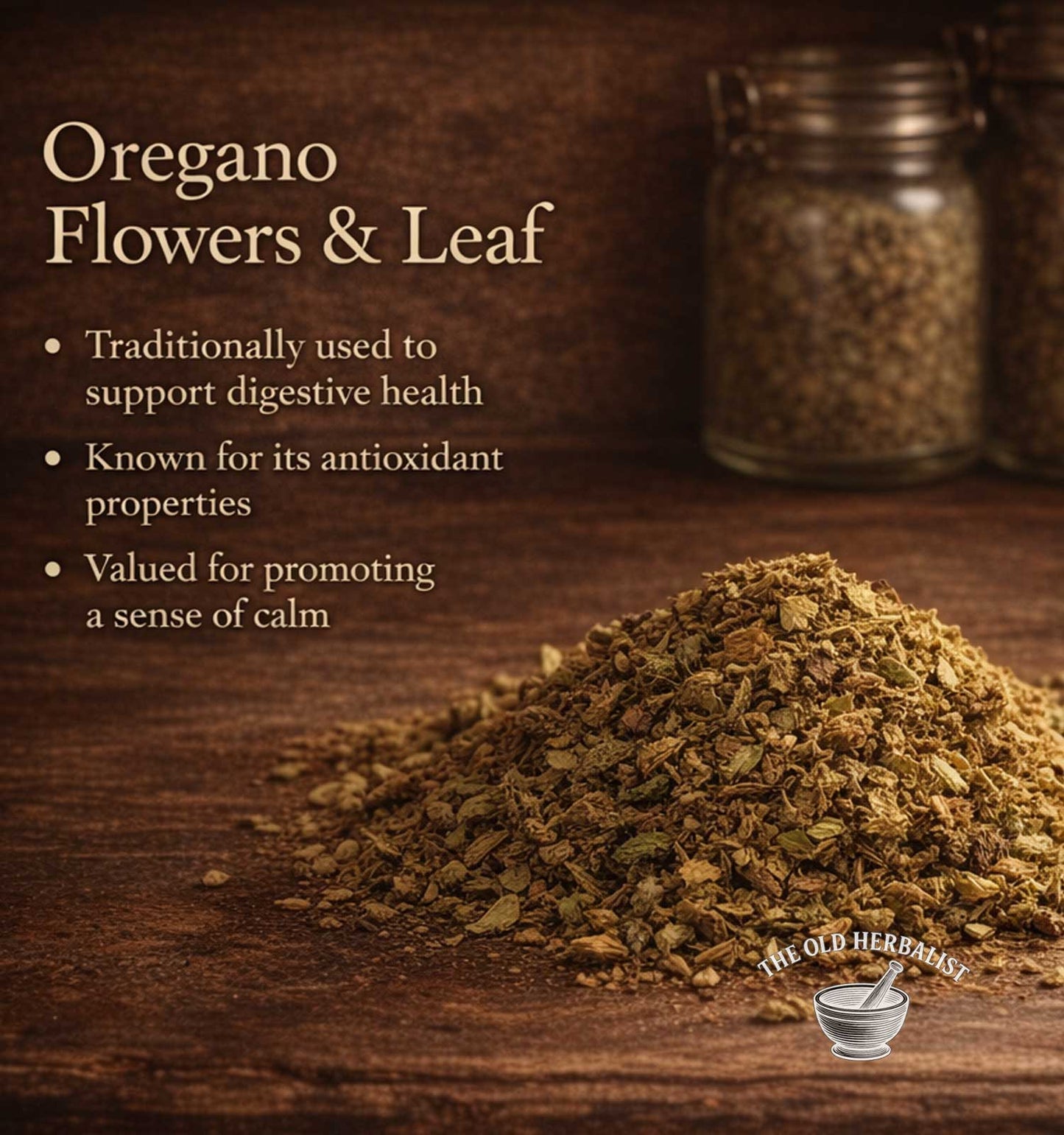 Loose dried oregano leaves and flowers for cooking and herbal tea.