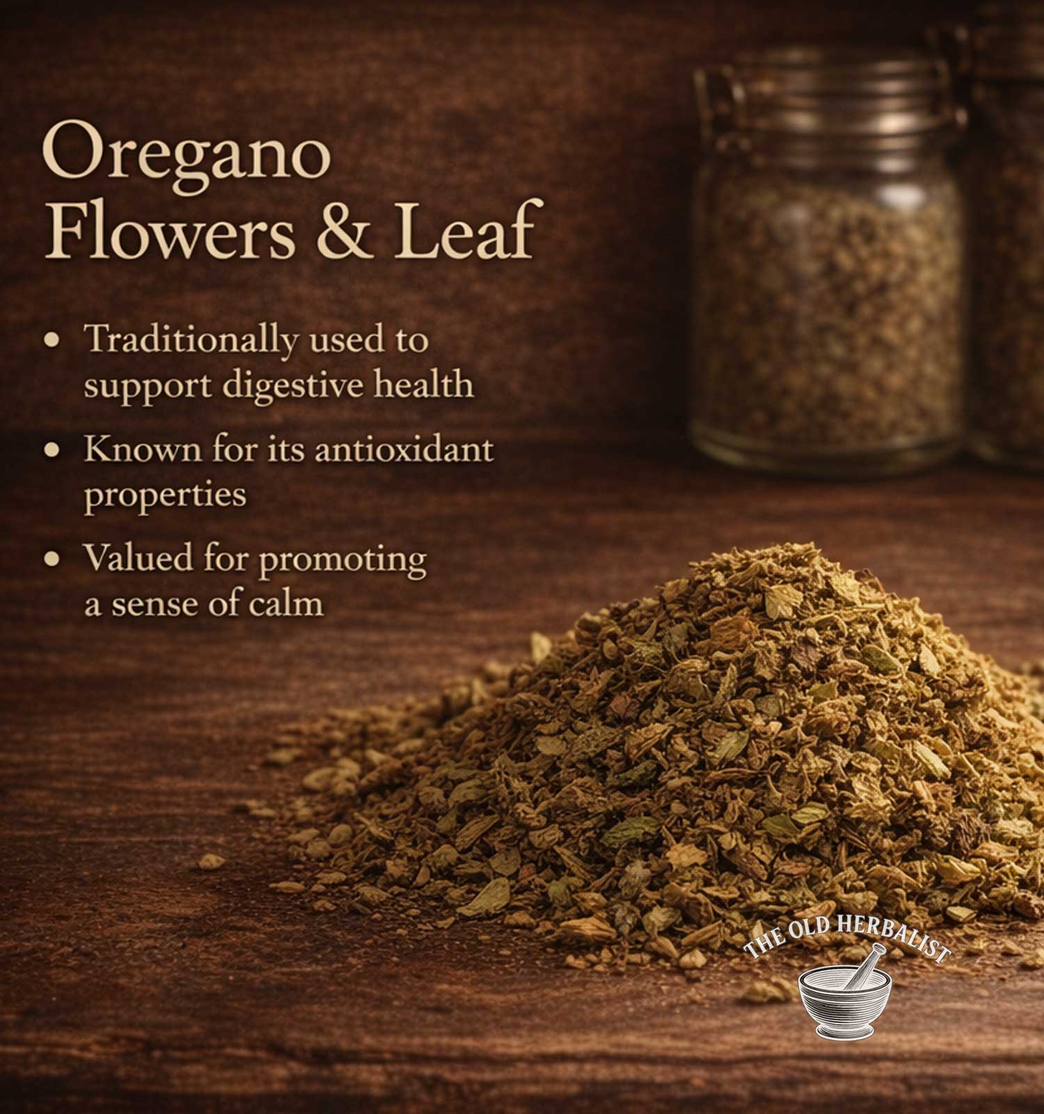 Loose dried oregano leaves and flowers for cooking and herbal tea.