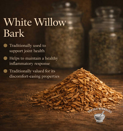 Loose white willow bark pieces for traditional herbal use.