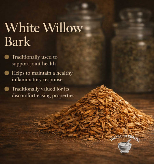 Loose white willow bark pieces for traditional herbal use.