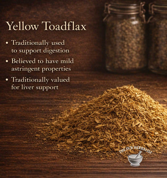 Yellow toadflax on a wooden surface with text about its uses and The Old Herbals logo.