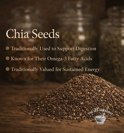 Chia seeds with text about their uses on a wooden surface, featuring The Old Herbapotist logo.
