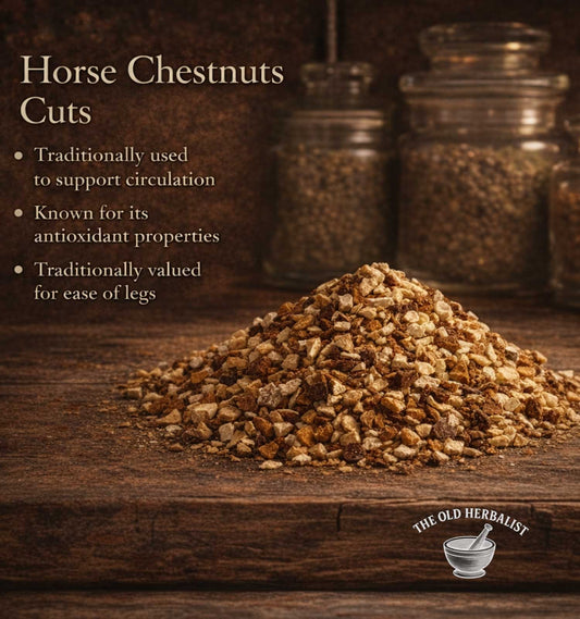 Horse chestnuts cuts on a wooden surface with text about their uses and The Old Herbalist branding.