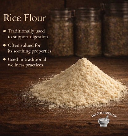 Rice flour on a wooden surface with text about its uses and The Old Herbalist branding.