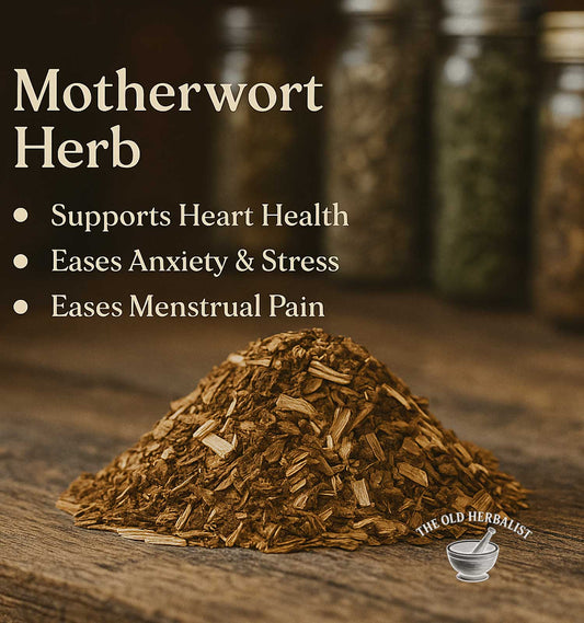Motherwort herb with benefits listed on a wooden surface, featuring The Old Herbalist logo.