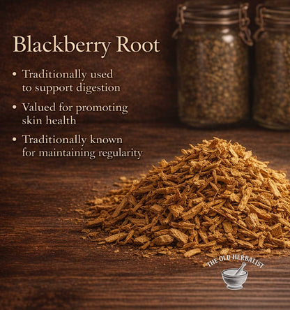 Blackberry root on a wooden surface with text about its uses and The Old Herbalist logo.