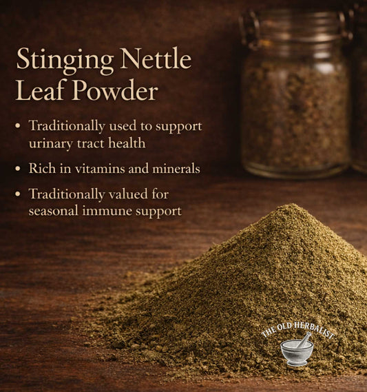 Stinging Nettle Leaf Powder with text on a wooden background, featuring The Old Herbalist logo.