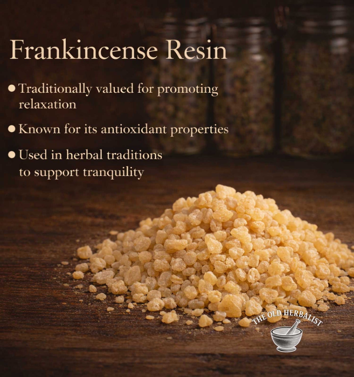 Frankincense resin on a wooden surface with text about its properties.