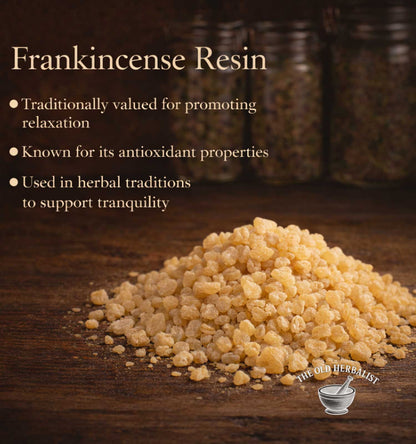 Frankincense resin on a wooden surface with text about its properties.
