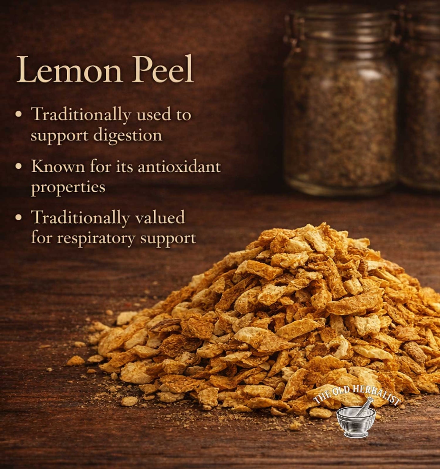 Dried lemon peel on a wooden surface with text about its uses.
