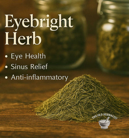 Eyebright herb with benefits listed on a wooden surface, featuring jars in the background.
