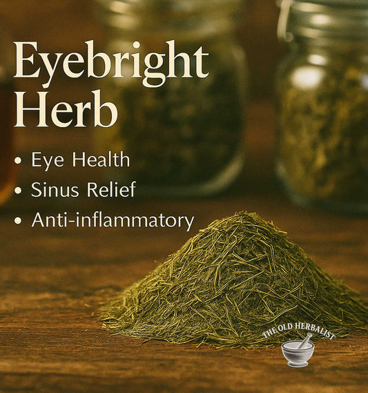 Eyebright herb with benefits listed on a wooden surface, featuring jars in the background.