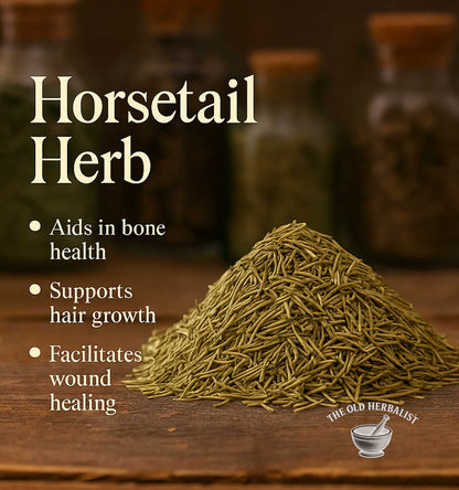Horsetail herb on a wooden surface with text about its benefits and The Old Herbalist logo.