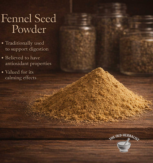 Fennel seed powder on a wooden surface with jars in the background and text about its uses.