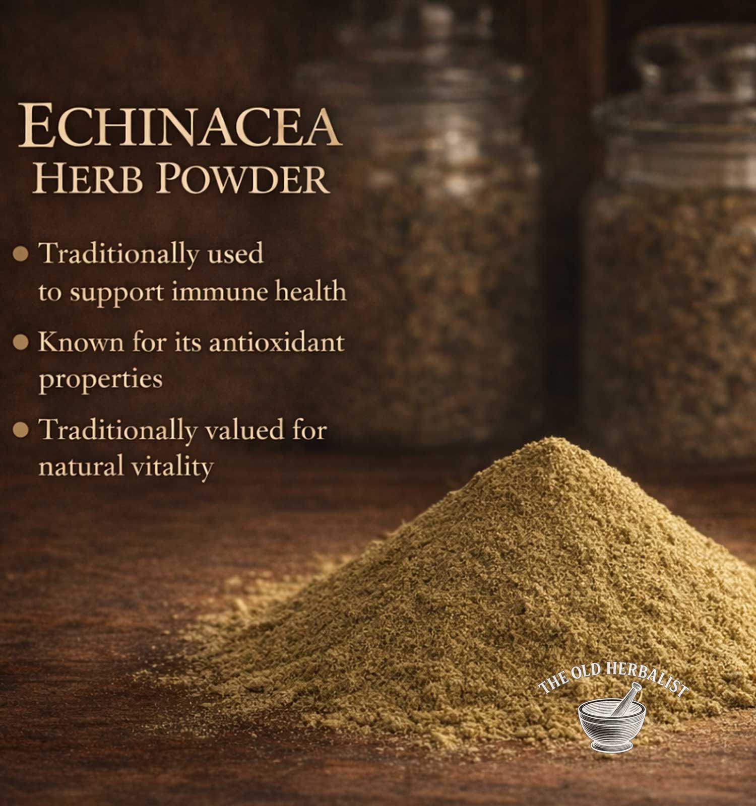 Echinacea herb powder with text about its health benefits on a wooden surface.