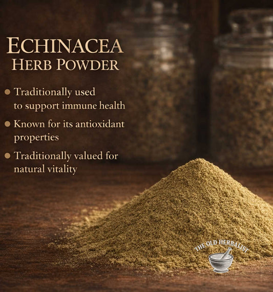 Echinacea herb powder with text about its health benefits on a wooden surface.