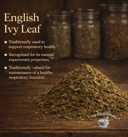 English Ivy Leaf with text on its benefits and 'The Old Herbalist' logo.