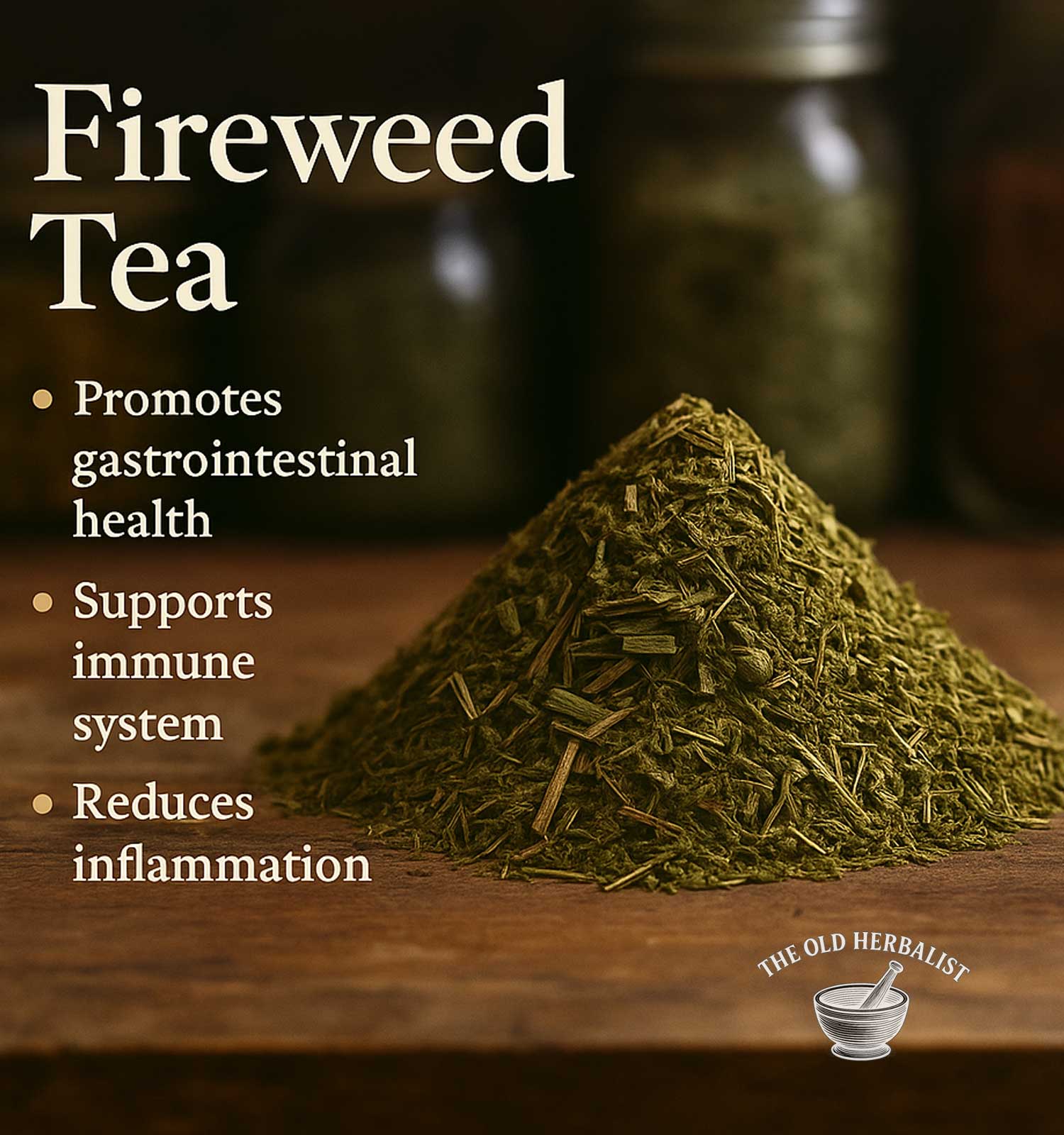 Fireweed tea leaves on a wooden surface with promotional text and branding.