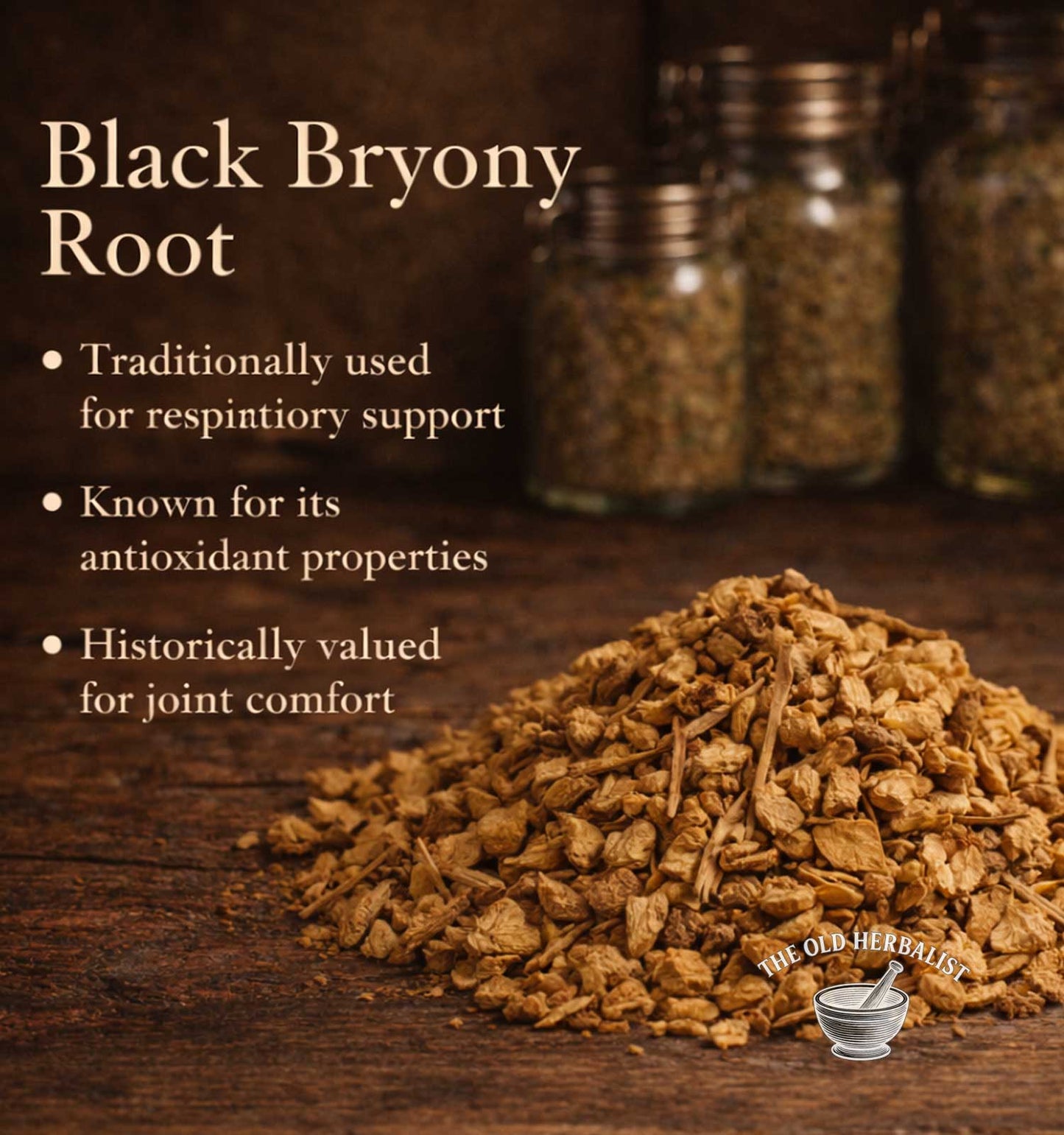 Black Bryony Root with text on a wooden background, featuring The Old Herbalist logo.