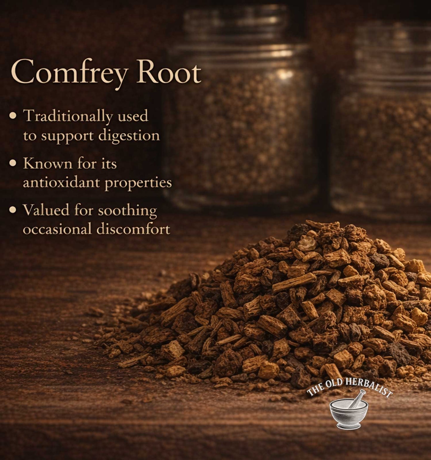 Comfrey root with text about its uses on a wooden surface, featuring The Old Herbalist logo.