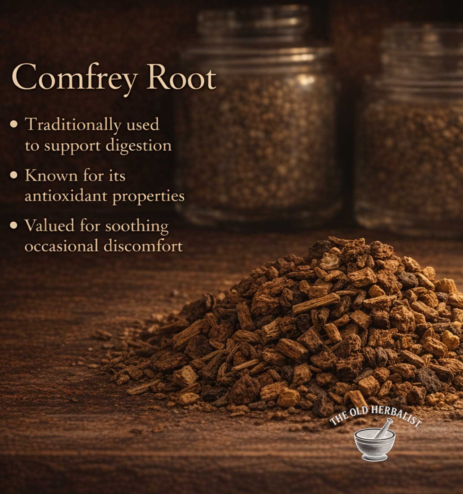 Comfrey root with text about its uses on a wooden surface, featuring The Old Herbalist logo.