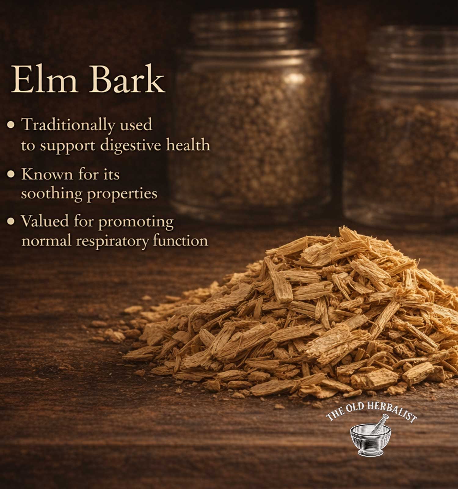 Heap of elm bark on a wooden surface with text about its uses and 'The Old Herbalist' branding.