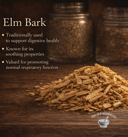 Heap of elm bark on a wooden surface with text about its uses and 'The Old Herbalist' branding.