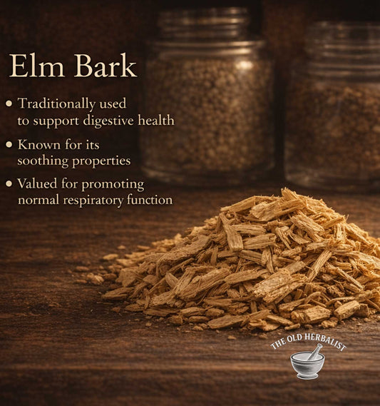 Heap of elm bark on a wooden surface with text about its uses and 'The Old Herbalist' branding.