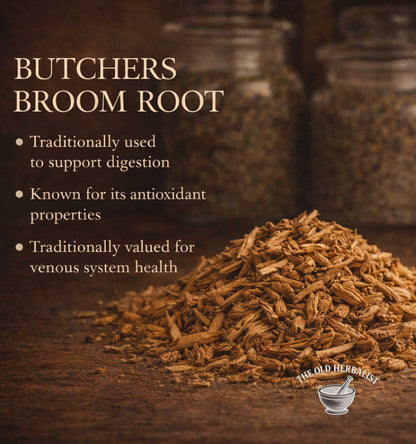 Butchers broom root with text about its uses on a wooden surface, featuring The Old Herbalist logo.
