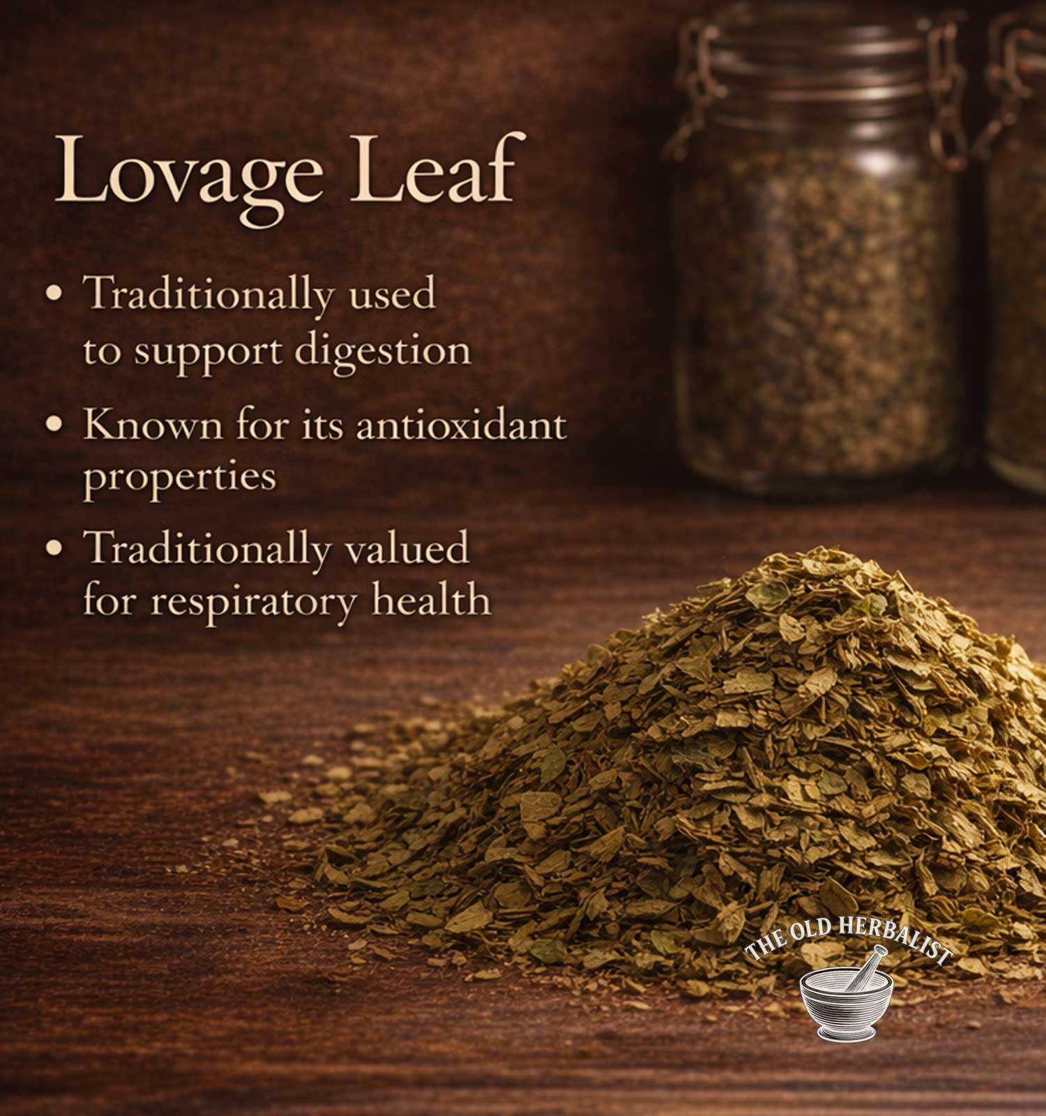 Dried lovage leaves on a wooden surface with text about their uses.