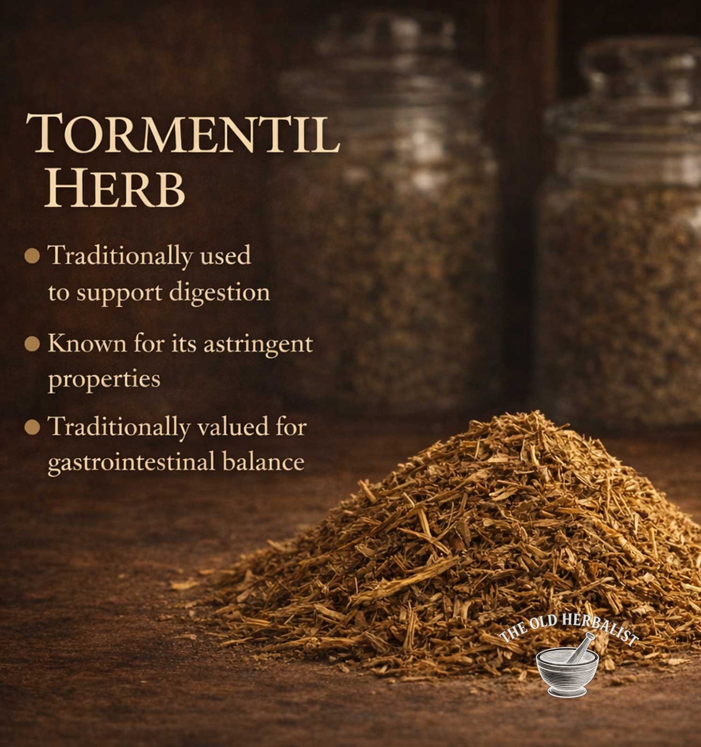 Tormentil herb with text about its uses and The Old Herbalist logo.