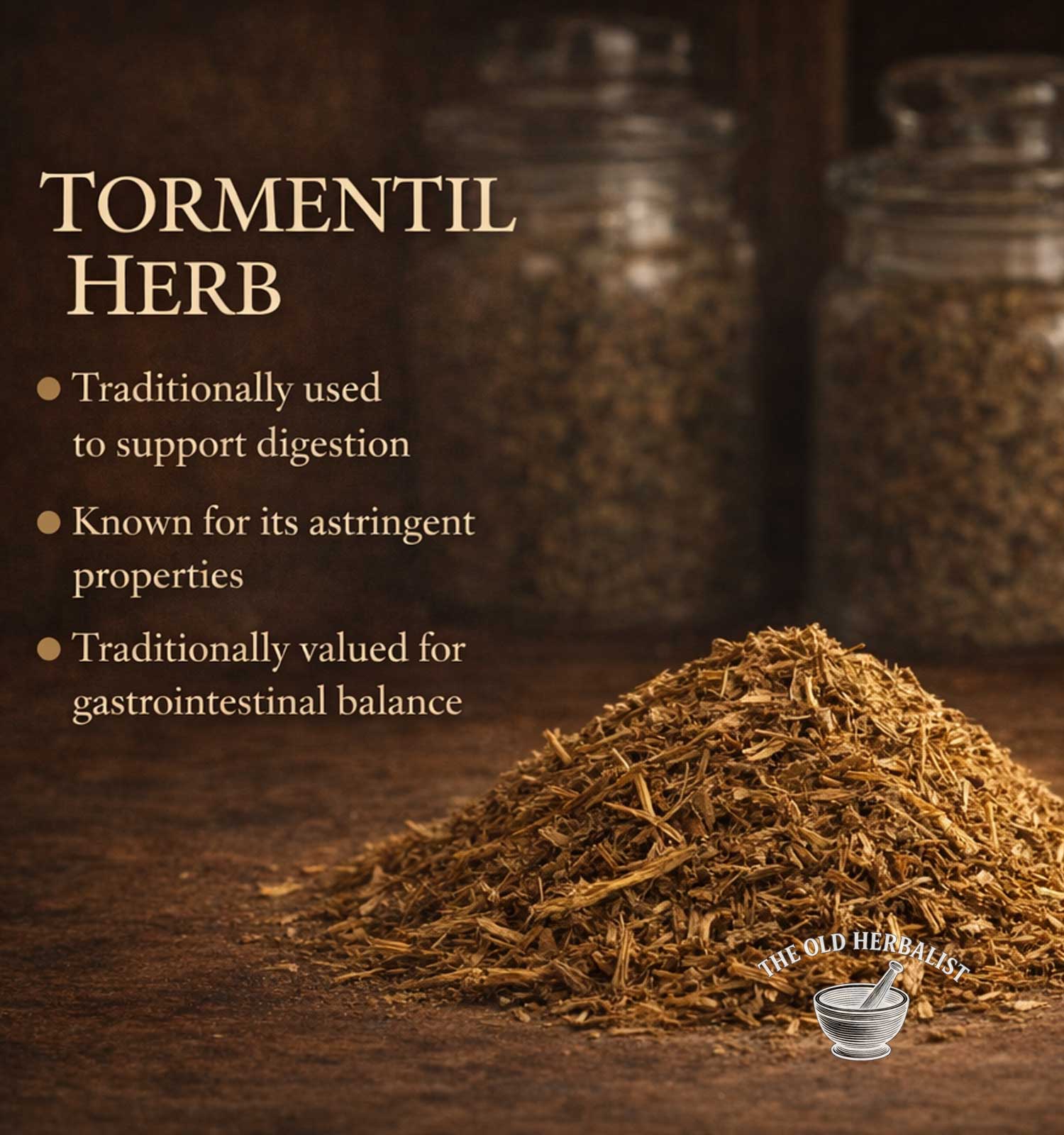 Tormentil herb with text about its uses and The Old Herbalist logo.