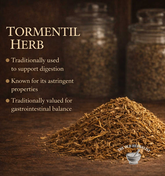 Tormentil herb with text about its uses and The Old Herbalist logo.
