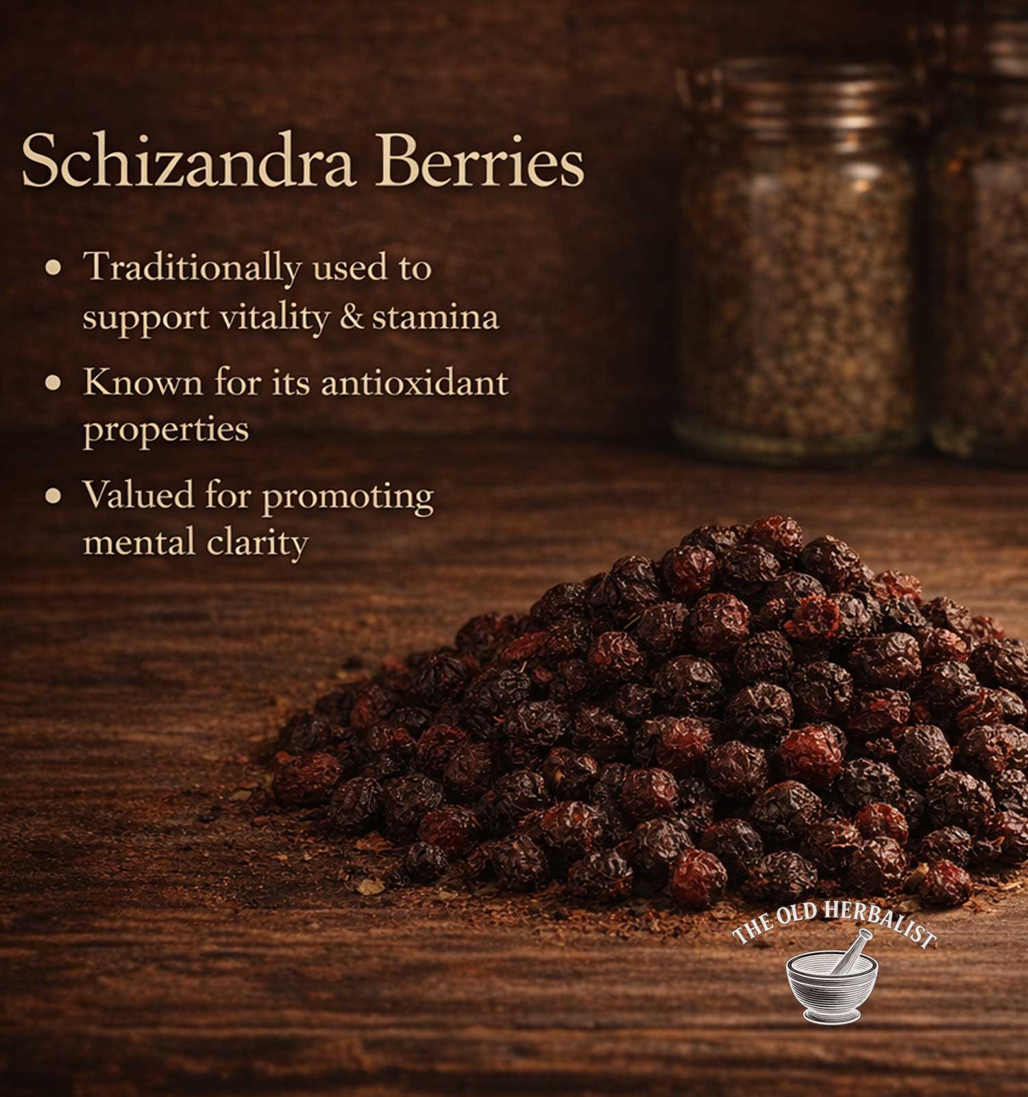 Schizandra berries on a wooden surface with text about their uses.