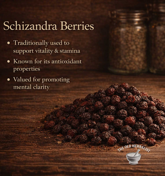 Schizandra berries on a wooden surface with text about their uses.