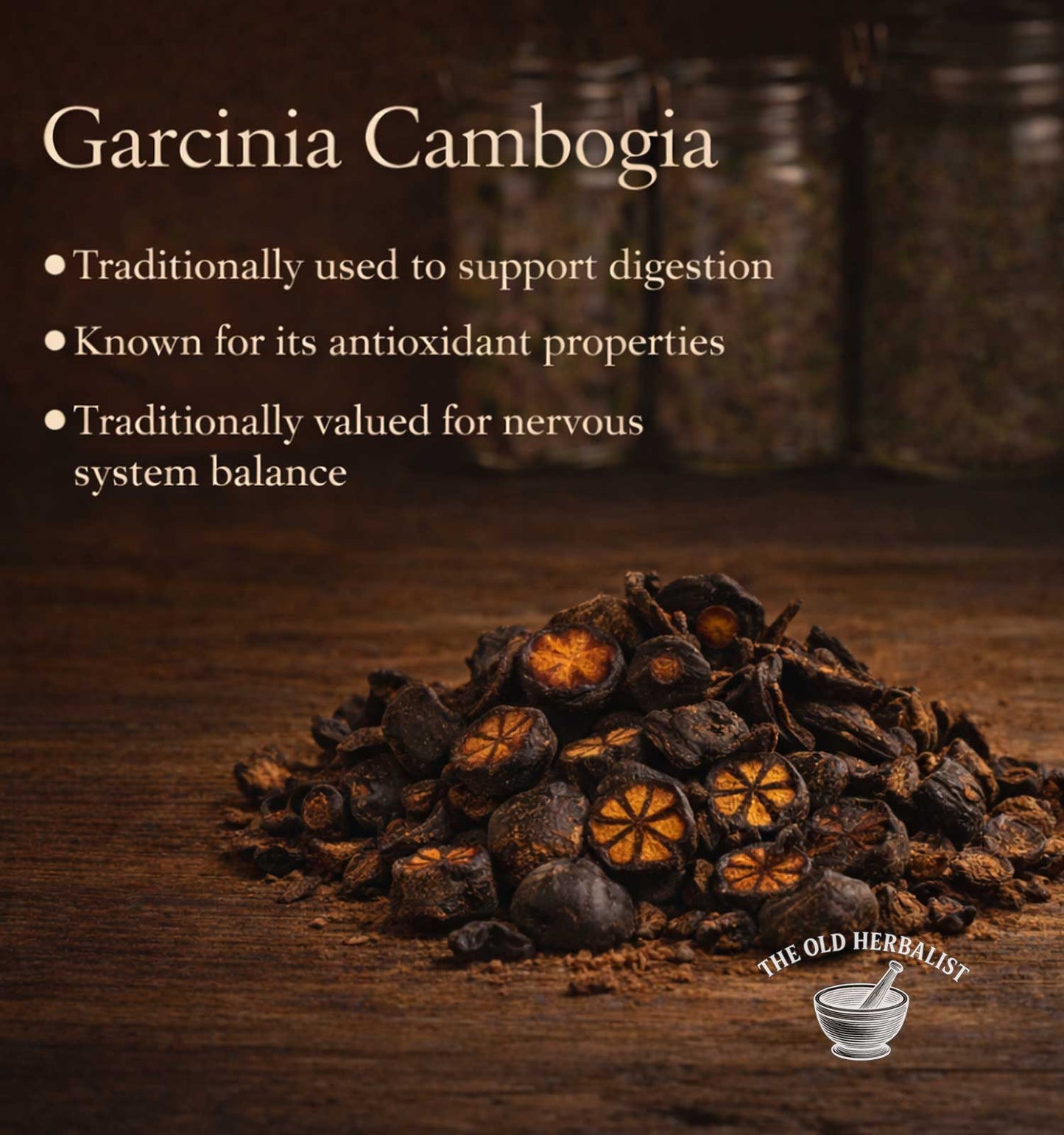 Garcinia Cambogia on a wooden surface with text about its uses.