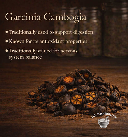 Garcinia Cambogia on a wooden surface with text about its uses.