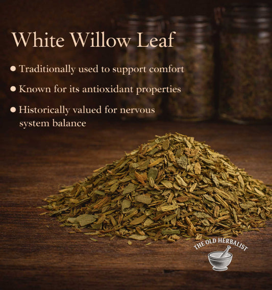 White Willow Leaf with text on a wooden background, featuring The Old Herbalist logo.