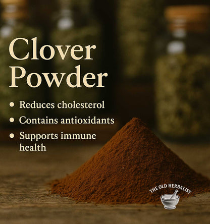Clover powder with health benefits text and The Old Herbalist logo.