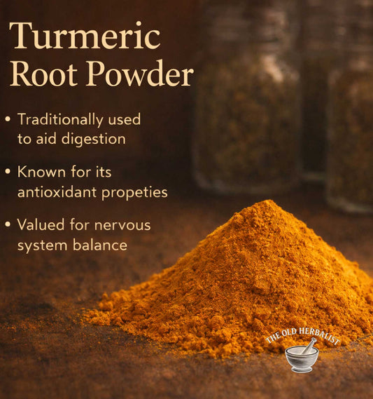 Turmeric root powder with text about its uses on a brown background