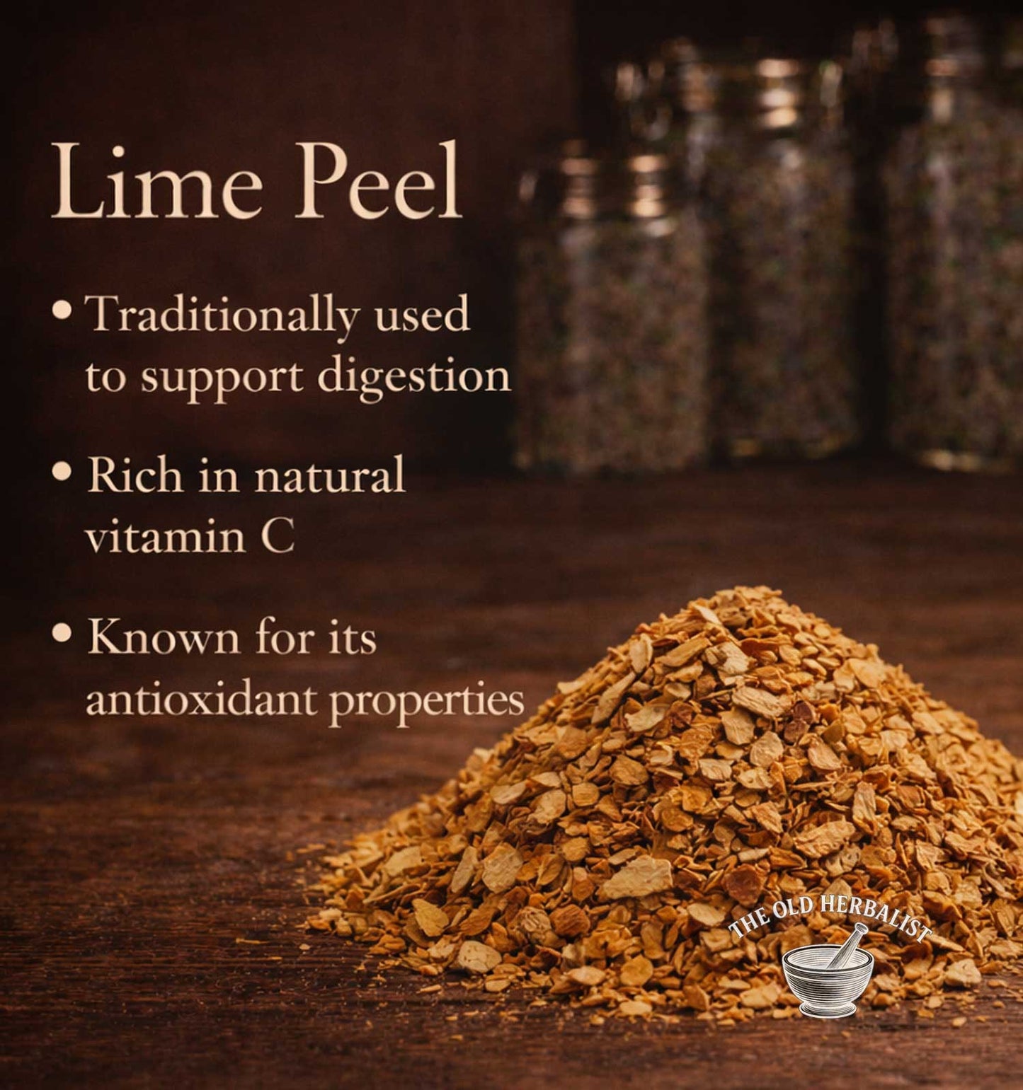 Dried lime peel with text about its uses on a wooden background, featuring 'The Old Herbalist' logo.