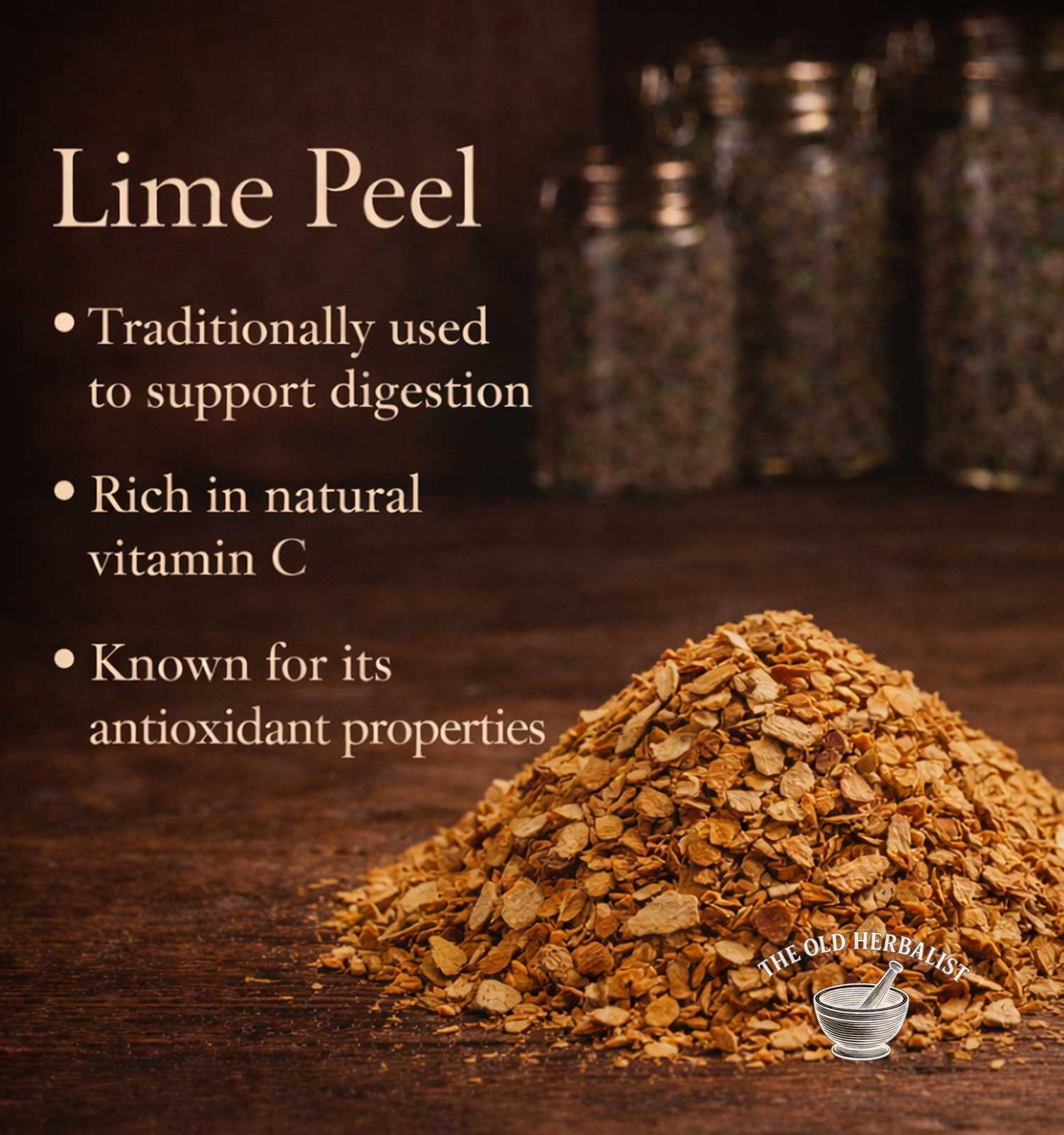 Dried lime peel with text about its uses on a wooden background, featuring 'The Old Herbalist' logo.