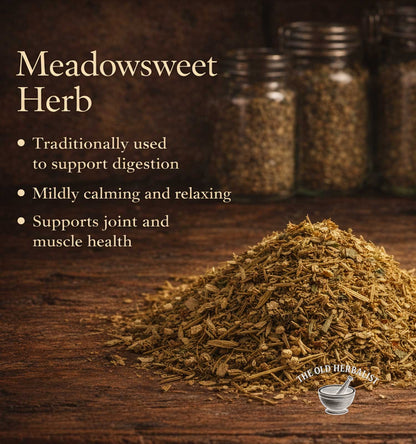 Meadowsweet herb on a wooden surface with text about its uses.