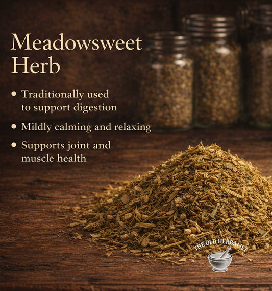 Meadowsweet herb on a wooden surface with text about its uses.