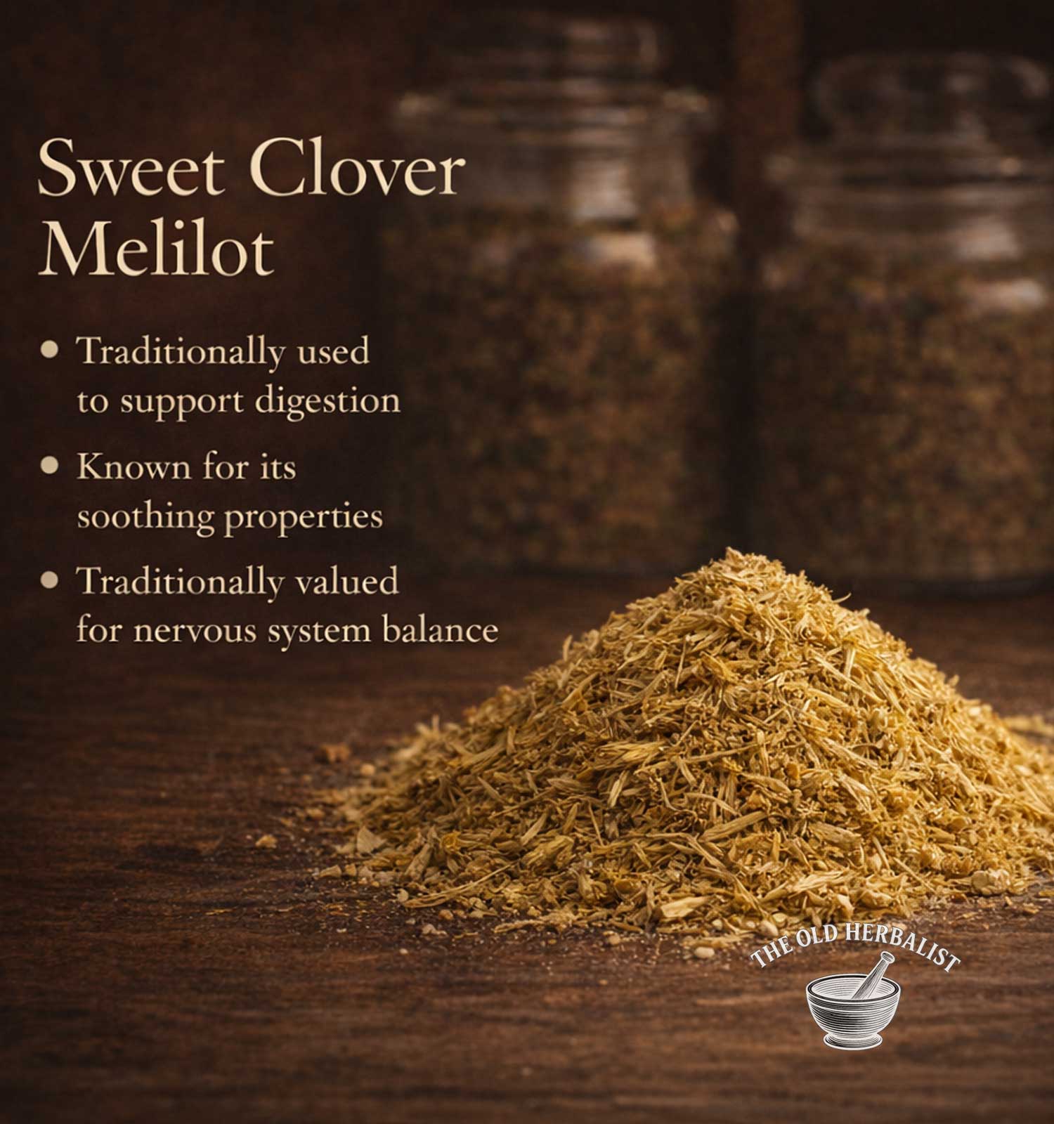 Dried sweet clover melilot on a wooden surface with text about its uses.