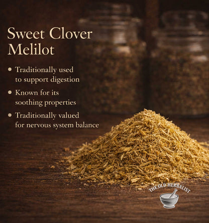 Dried sweet clover melilot on a wooden surface with text about its uses.