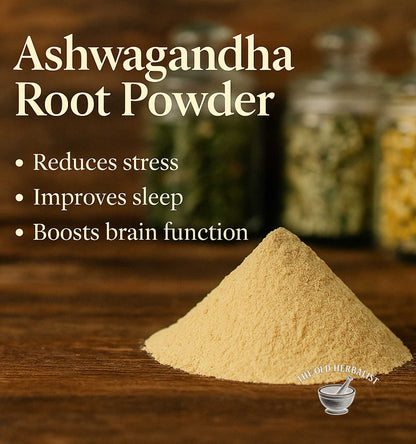Ashwagandha root powder with benefits listed on a wooden surface, featuring jars in the background.
